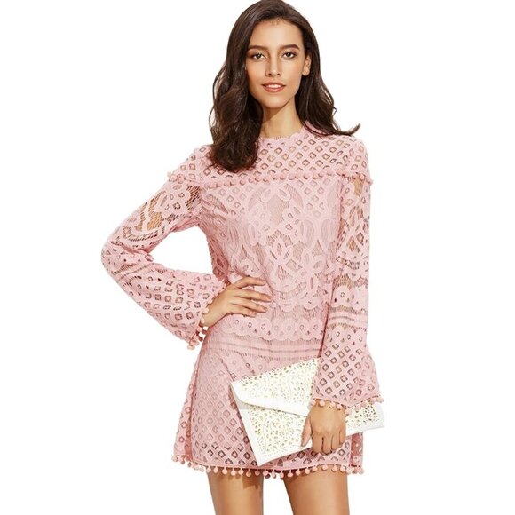 Pink Boho Lace Mini Dress With Pom-Pom Trim & Long Bell Sleeves Festival - Picture 1 of 10